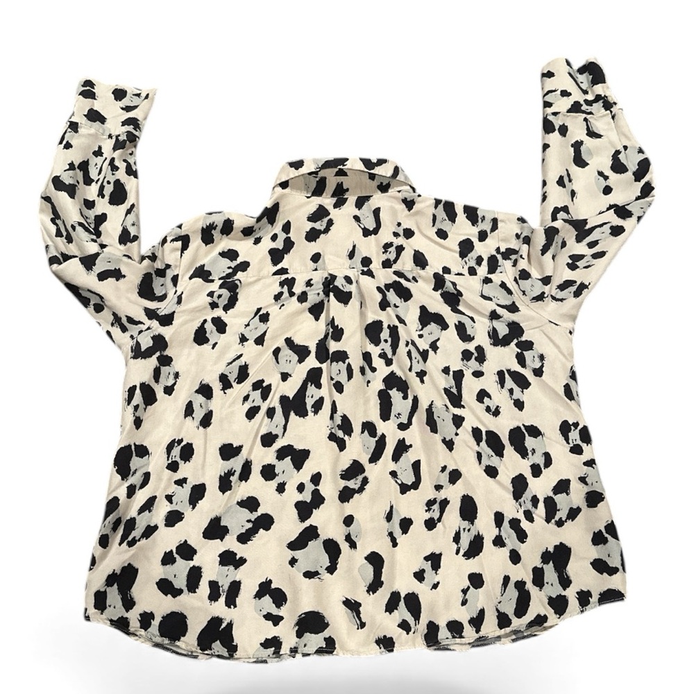 Lafayette 148 Scottie Silk Animal Print Leopard Black Cream White Blue Blouse M - Picture 3 of 11